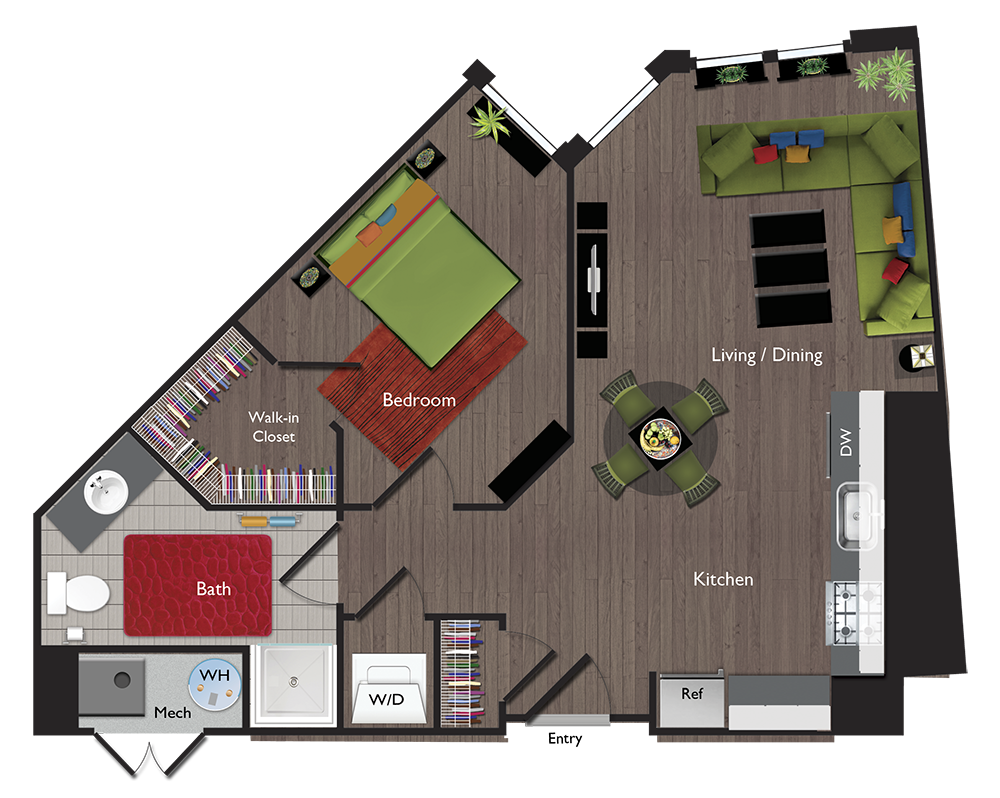 Floor plan for 1 bed, 1 bath, 648 sqft